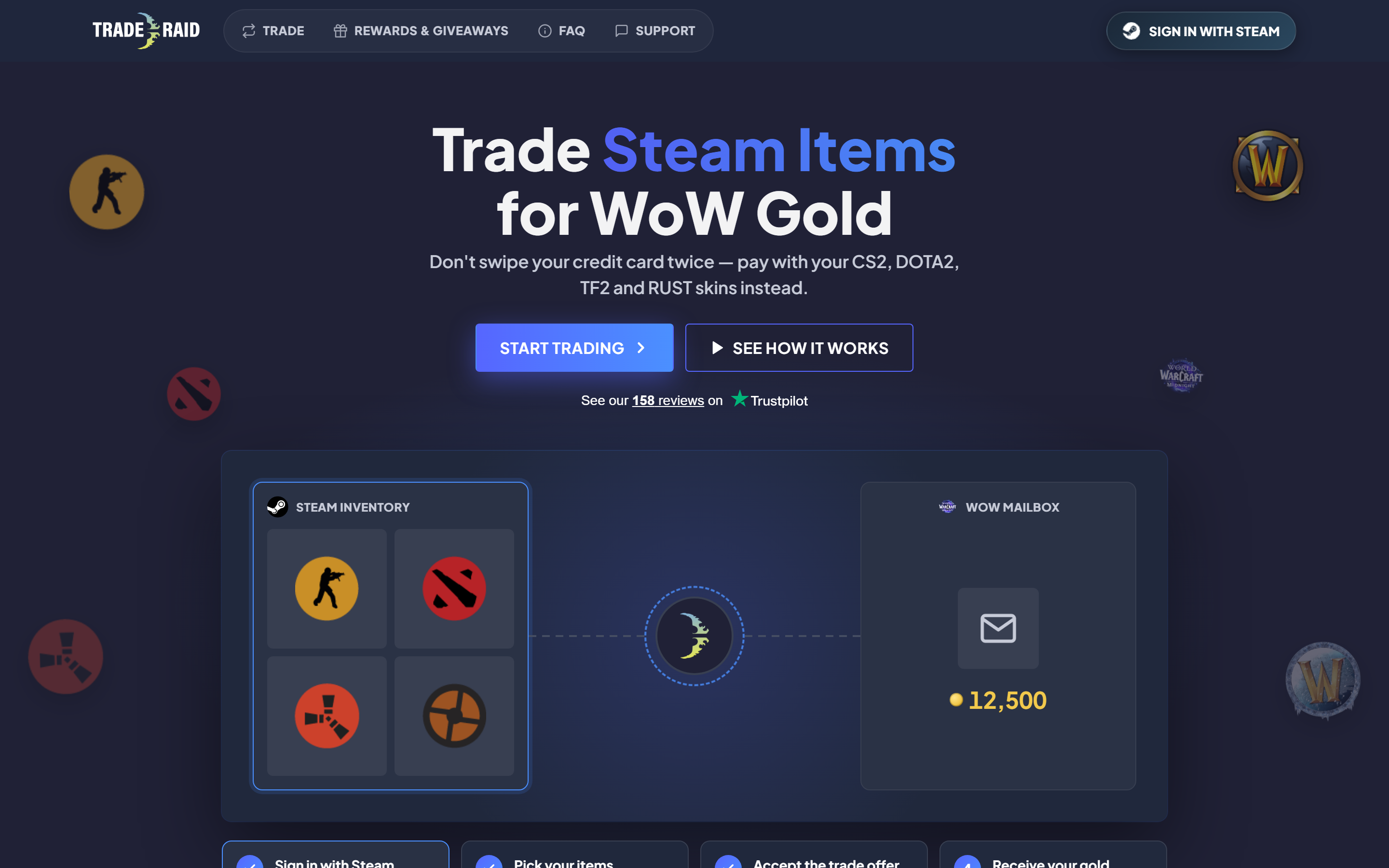 Trade-Raid landing page with the animated how-it-works stage